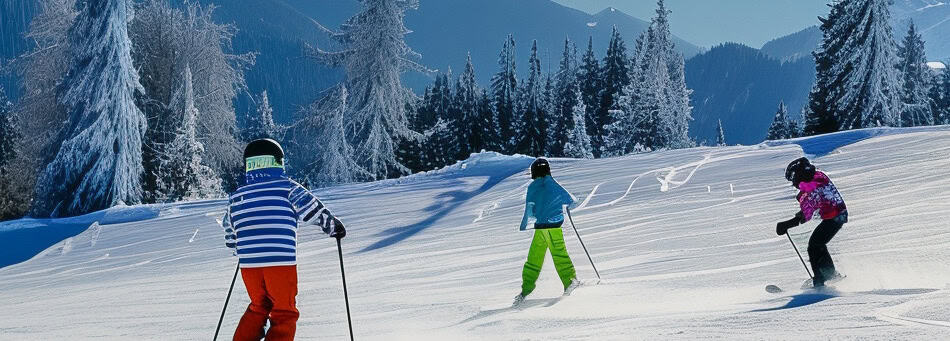 Schneefuchs Kinder beim Skifahren